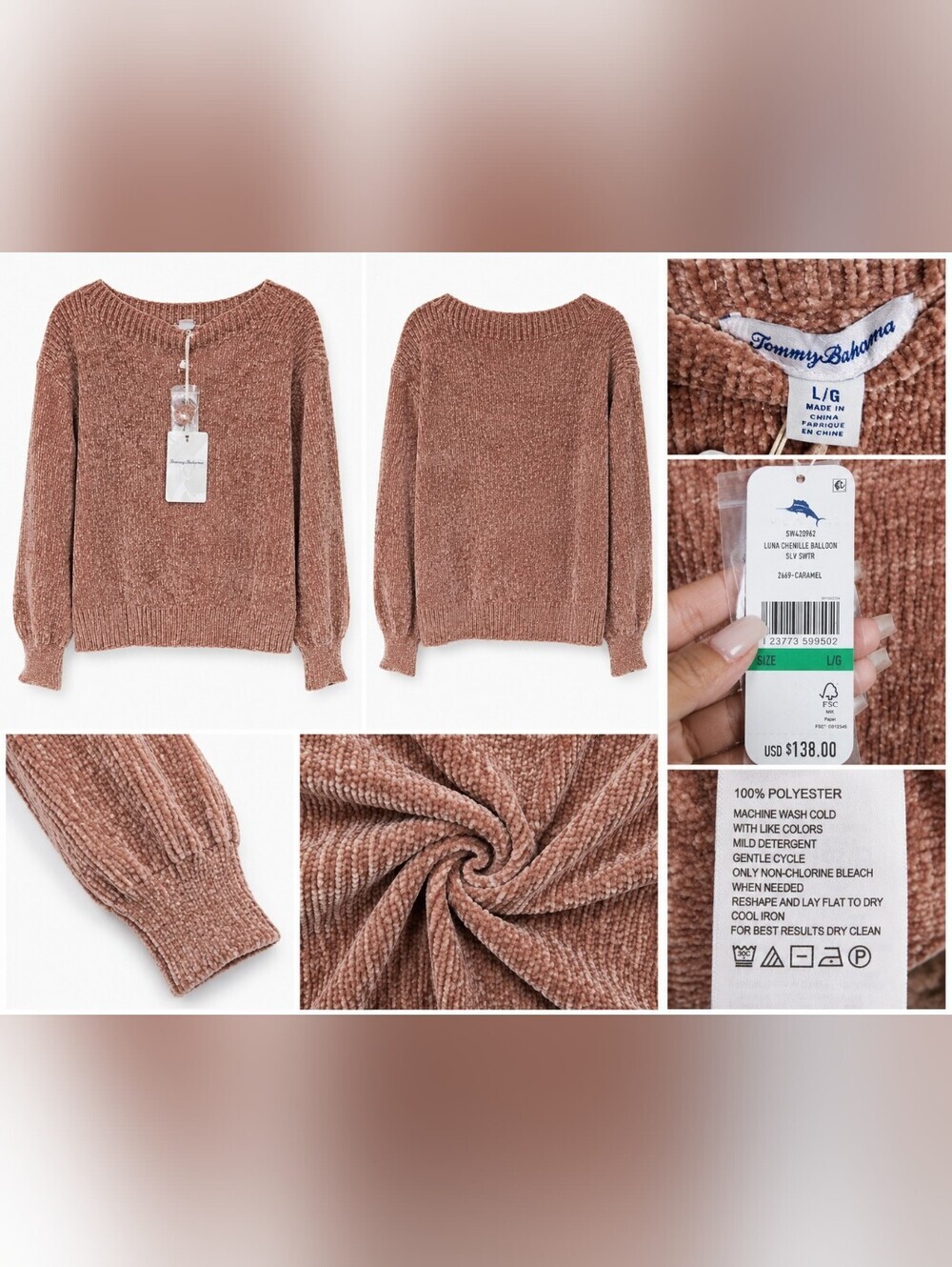 NWT Tommy Bahama Luna Chenille Balloon Sleeve Sweater Caramel Women's Large.
